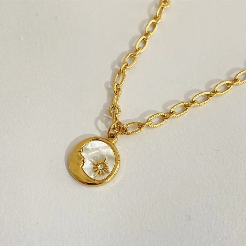 Simulated Diamond Star Moon Stainless Steel 18K Gold Plated Pendant Necklace